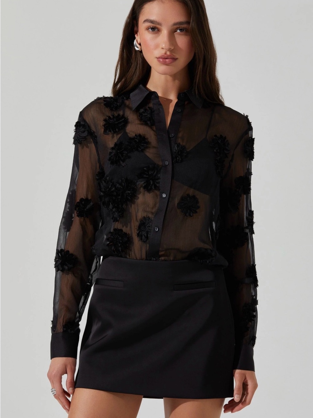 Astr Black Sheer Floral Appliqué Button-Down Shirt